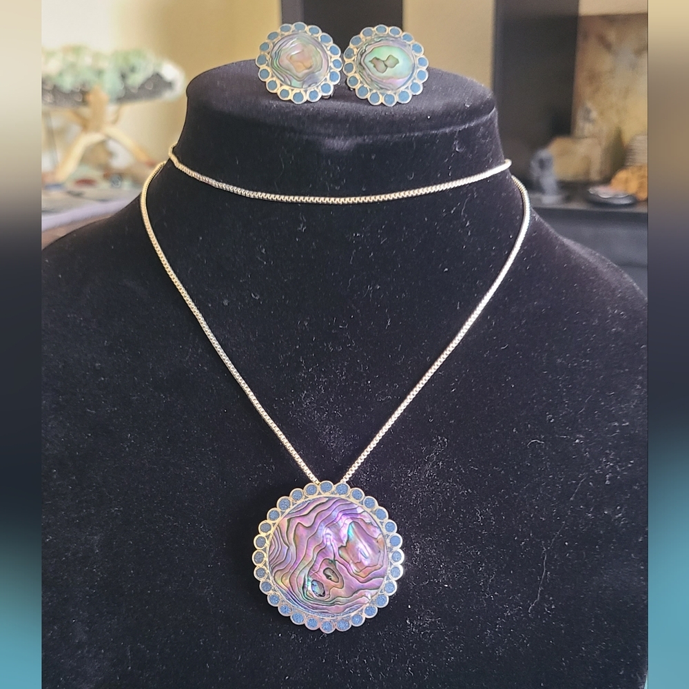 Vintage Silver Abalone Shell Necklace and Earring Set